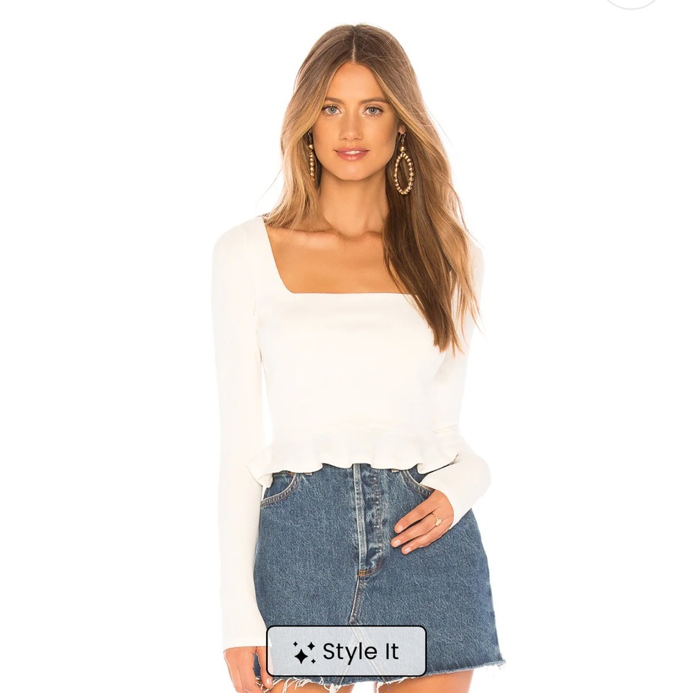 Super down Priscilla Ribbed Elegant White Square Neck Long Sleeve Top